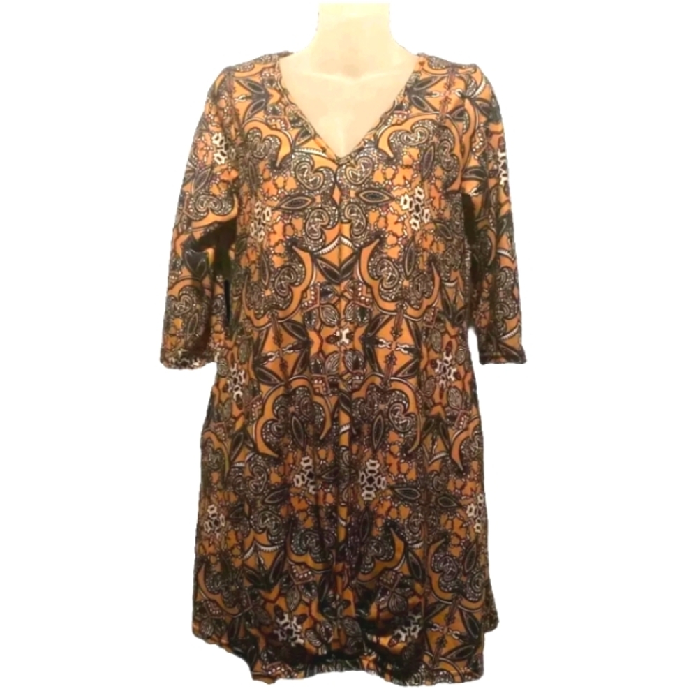 Reborn Womens Size Small Yellow Blue & White Geometric Shapes Pintuck Mini Dress